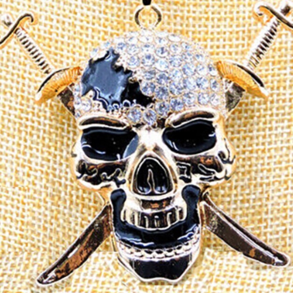 Enamel Crystal Skull Head With Daggers, Nuts, Bolts Chain Necklace- Halloween - Picture 6 of 7